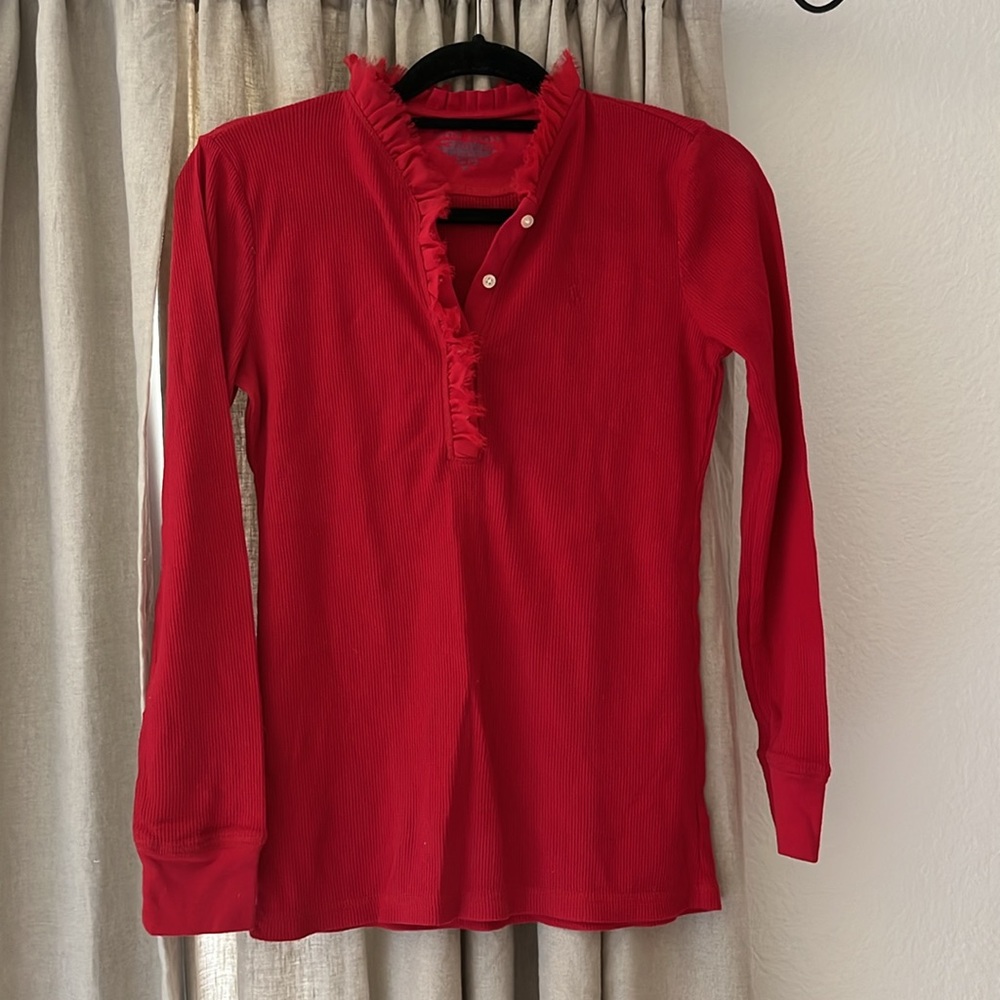 Ralph Lauren Thermal Henley Waffle Knit With Ruffle Long Sleeve Lounge Shirt